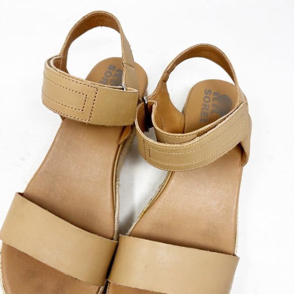 Sorel Tan Leather Espadrille Platform Wedge Sandals Size 9.5 Adjustable Strap - Picture 3 of 9